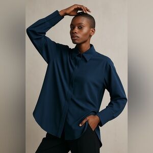 Léa Peckre Navy Oversized Minimalist Blouse Shirt Hidden Placket - Size Small